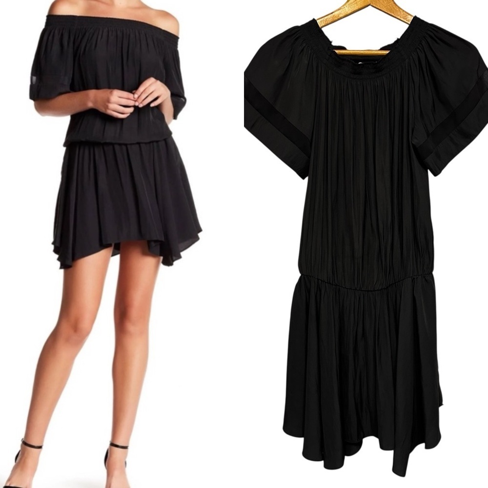 Ramy Brook Jessica Dress Small Black Chiffon Off The Shoulders Asymmetrical Mini